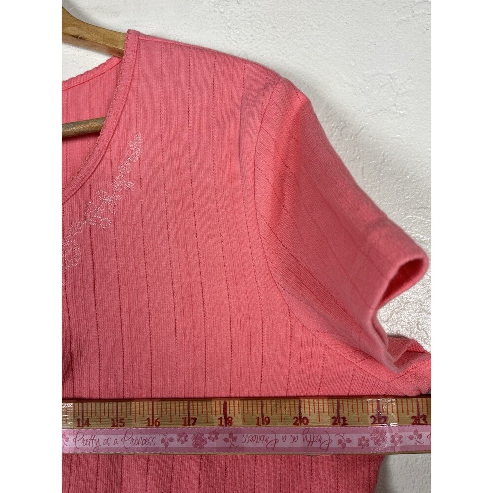 Basic Editions Women’s XL Pink Ribbed Cotton Henley Top Short Sleeve Floral - Picture 7 of 8